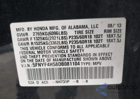 2013 Honda Pilot Ex-L from USA, damaged, VIN 5FNYF4H58DB081104